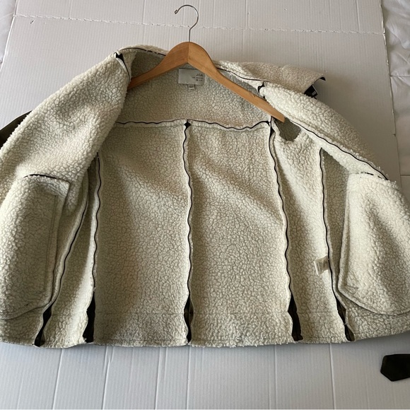 J.O.A. Olive Bomber Jacket withShearling Collar Faux Suede Sherpa Moto Cabincore - Picture 4 of 14